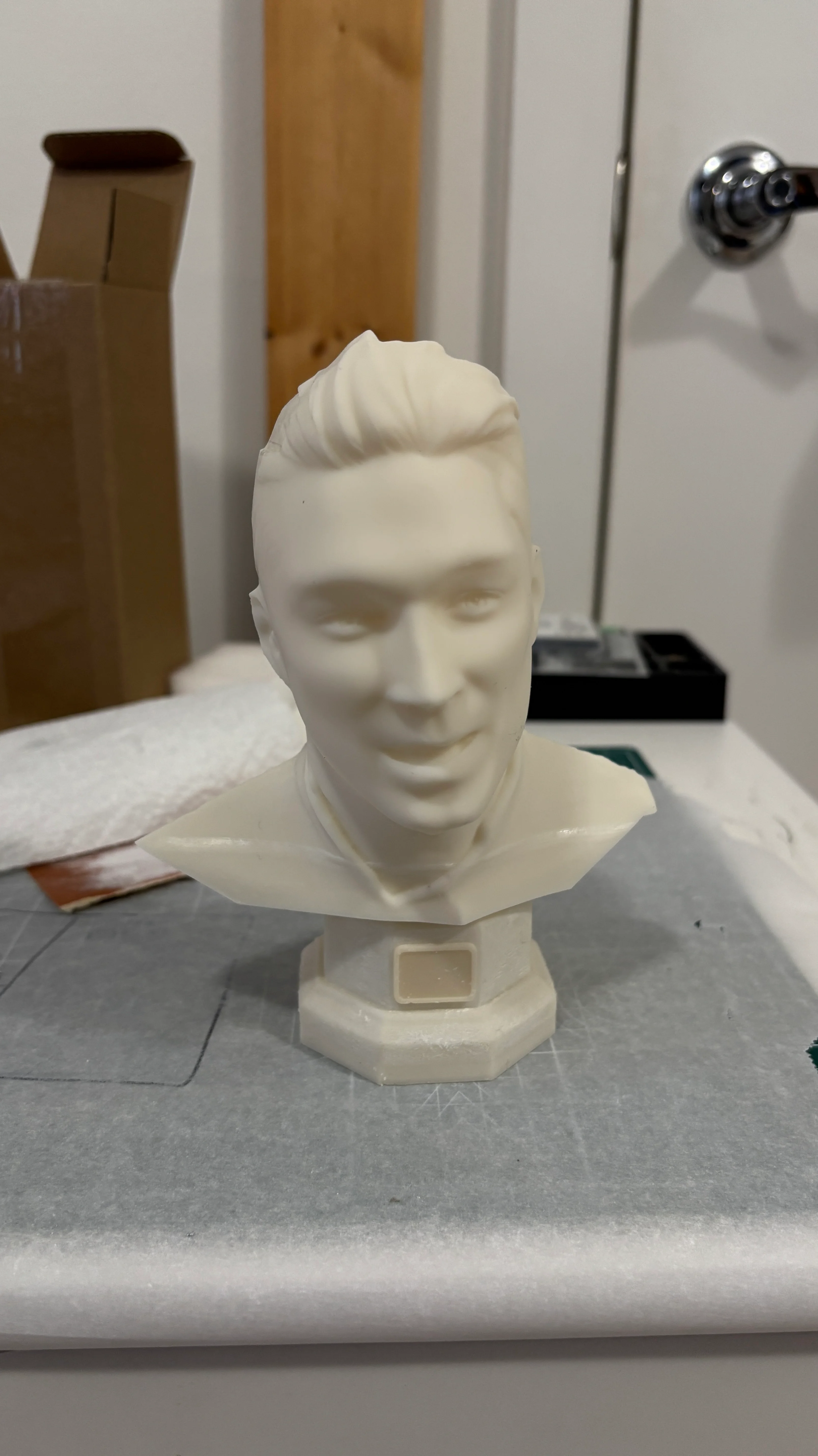 Custom 3D printed head bust statue with personalized plaque - finished product example